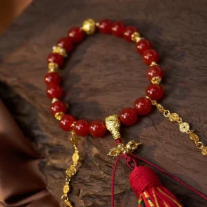 Buddha Stones 18 Beads Copper Coins Tibet Tassel Red Agate Calm Wrist Mala